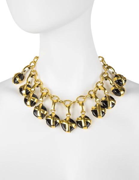 Frances Patiky Stein Vintage Black Gripoix Charm and Golden Chain Necklace