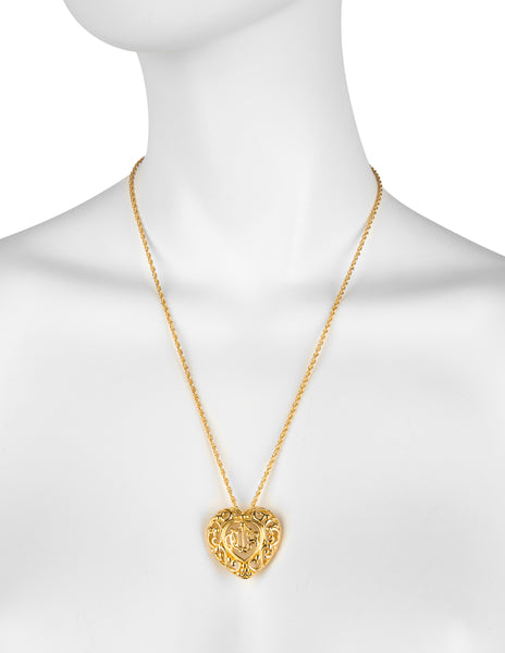 Christian Dior Vintage Golden Monogram Logo Baroque Heart Necklace