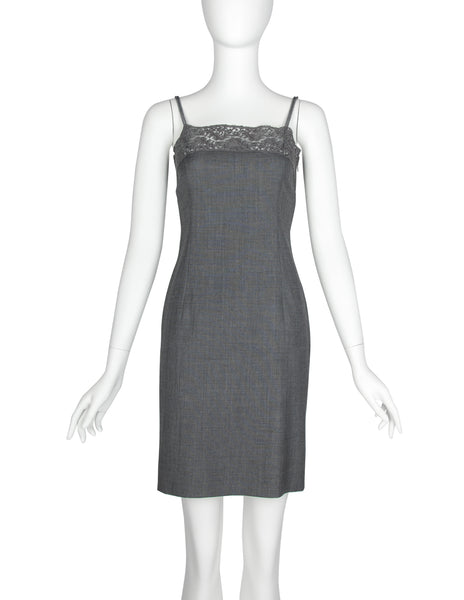 Christian Dior Vintage AW 1997 by John Galliano Grey Lace and Pearl Strap Mini Dress