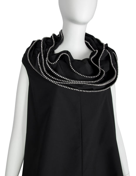 Junya Watanabe Vintage SS 2000 Rhinestone Trim Layered Collar Black A-Line Mini Dress