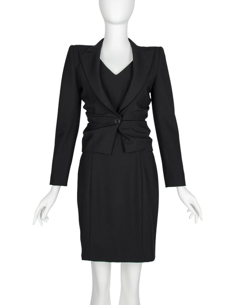 John Galliano Vintage SS 1998 Black Gathered Jacket and LBD Sheath Dress Ensemble
