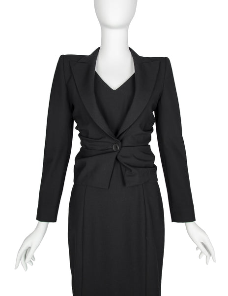 John Galliano Vintage SS 1998 Black Gathered Jacket and LBD Sheath Dress Ensemble