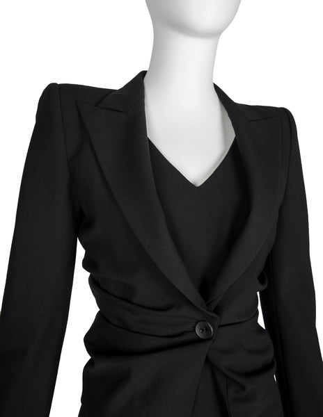John Galliano Vintage SS 1998 Black Gathered Jacket and LBD Sheath Dress Ensemble