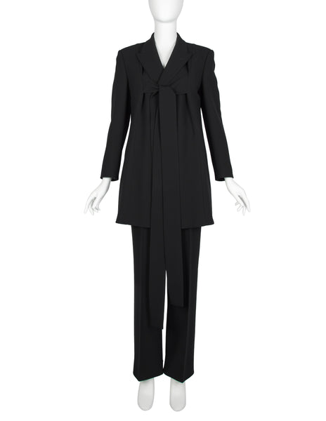 Jean Paul Gaultier AW 1993 Black Wool Gabardine Strap Tie Longline Jacket and Pant Suit