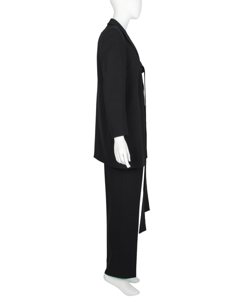 Jean Paul Gaultier AW 1993 Black Wool Gabardine Strap Tie Longline Jacket and Pant Suit