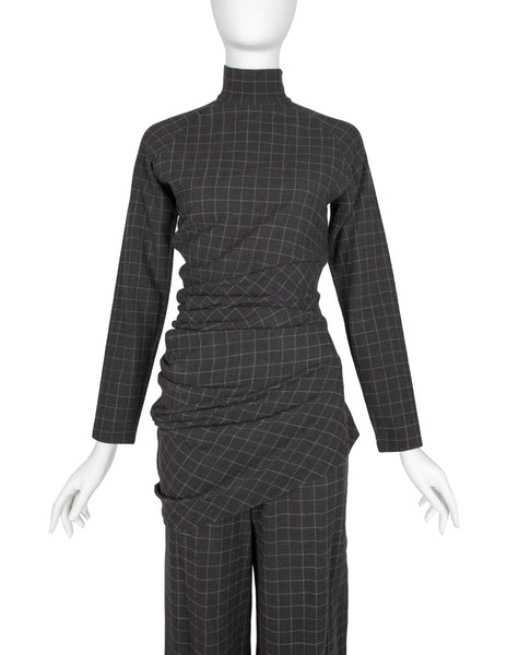 Jean Paul Gaultier Vintage Grey Grid Print Dress and Pant Ensemble