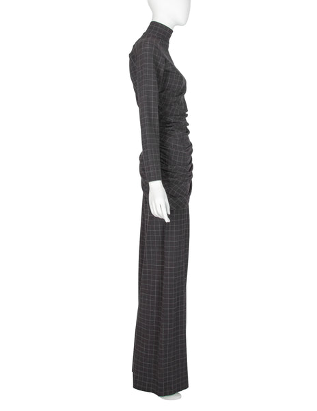 Jean Paul Gaultier Vintage Grey Grid Print Dress and Pant Ensemble