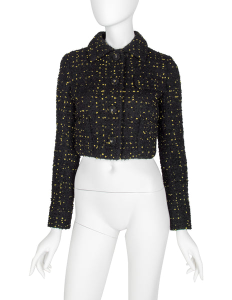 Atelier Versace Vintage 1996 Black and Yellow Tweed Boucle Cropped Jacket