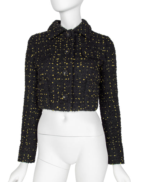 Atelier Versace Vintage 1996 Black and Yellow Tweed Boucle Cropped Jacket
