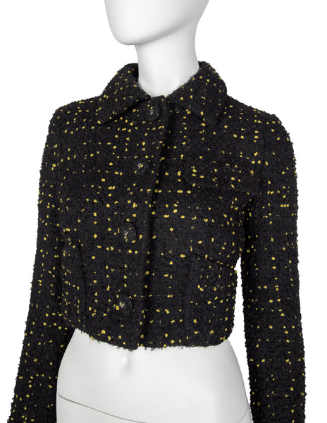 Atelier Versace Vintage 1996 Black and Yellow Tweed Boucle Cropped Jacket