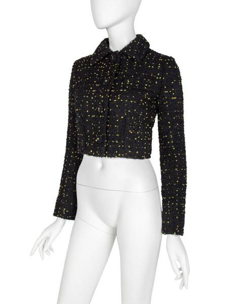 Atelier Versace Vintage 1996 Black and Yellow Tweed Boucle Cropped Jacket