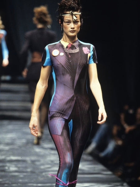 Jean Paul Gaultier Vintage SS 1997 Incredible Trompe L'oeil Tuxedo Suit Print Sheer Mesh Catsuit