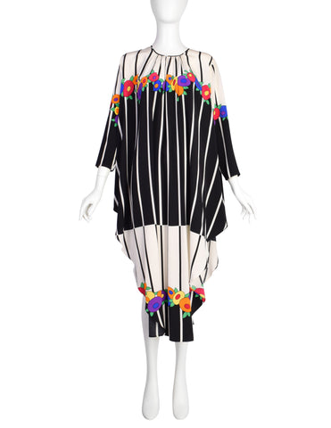 Adolfo Vintage Black White Striped Colorful Graphic Floral Silk Caftan Dress