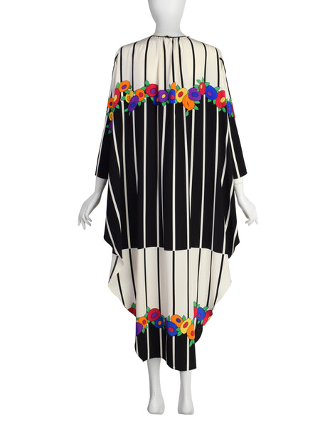 Adolfo Vintage Black White Striped Colorful Graphic Floral Silk Caftan Dress