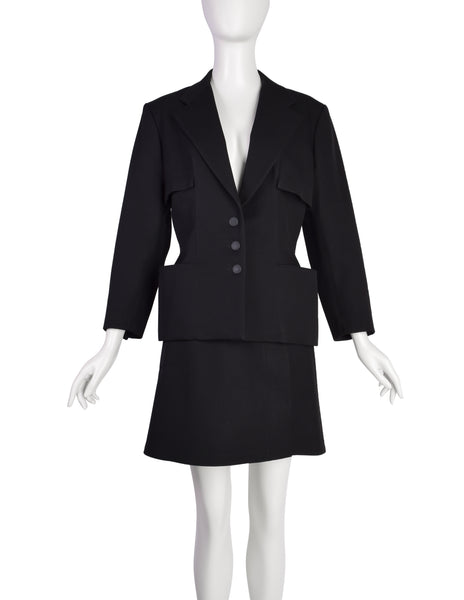Azzedine Alaia Vintage 1980s Black Ribbed Jacket and Skirt Suit