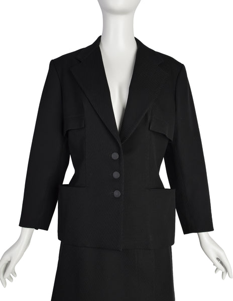 Azzedine Alaia Vintage 1980s Black Ribbed Jacket and Skirt Suit