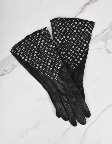 Azzedine Alaia Vintage 1980s Black Leather Eyelet Grommet Gauntlet Gloves