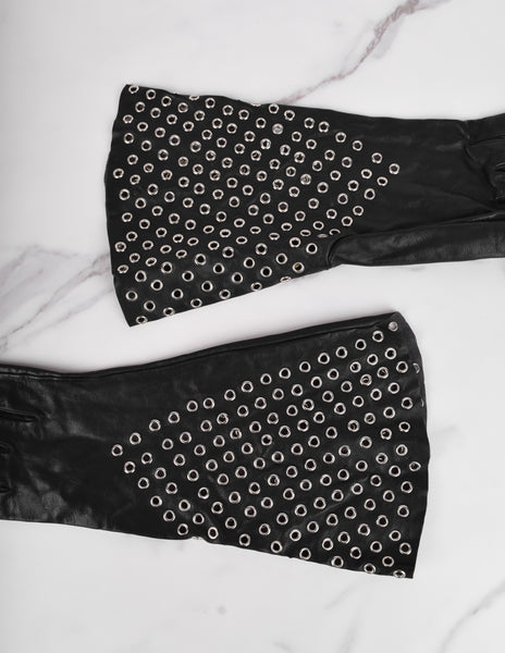 Azzedine Alaia Vintage 1980s Black Leather Eyelet Grommet Gauntlet Gloves