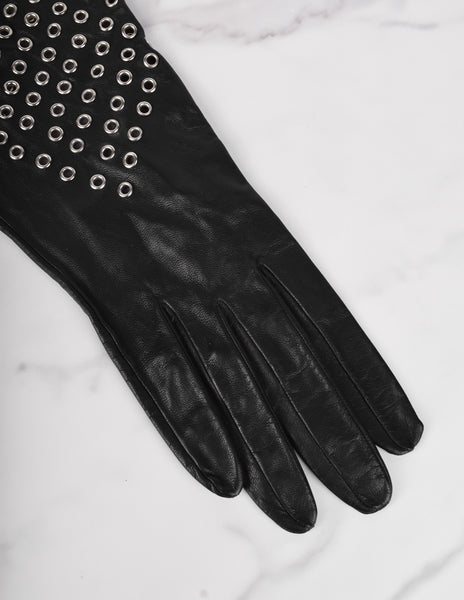 Azzedine Alaia Vintage 1980s Black Leather Eyelet Grommet Gauntlet Gloves