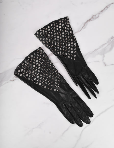 Azzedine Alaia Vintage 1980s Black Leather Eyelet Grommet Gauntlet Gloves