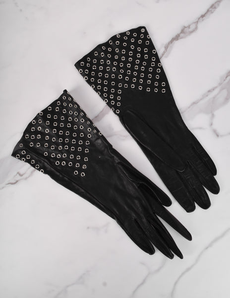 Azzedine Alaia Vintage 1980s Black Leather Eyelet Grommet Gauntlet Gloves