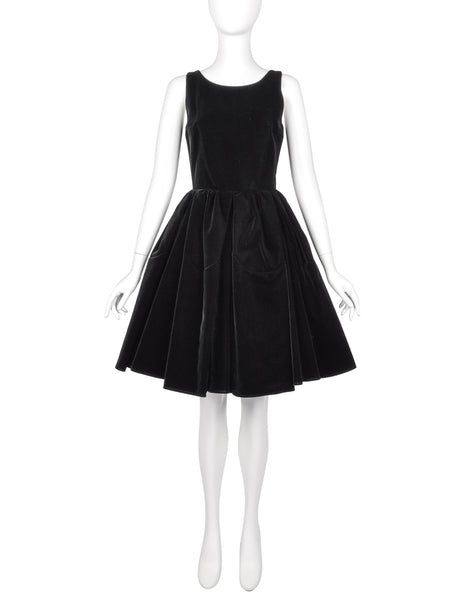 Azzedine Alaia Vintage Black Velvet Fit and Flare Full Skirt Dress