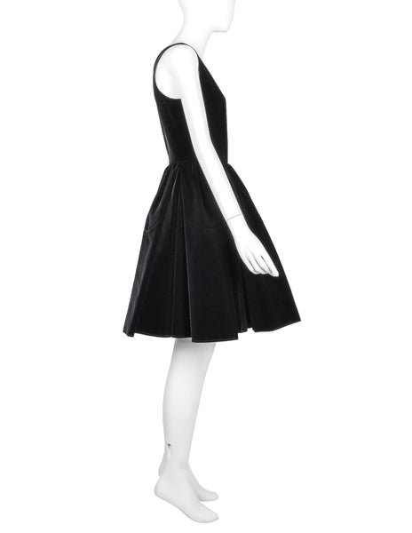 Azzedine Alaia Vintage Black Velvet Fit and Flare Full Skirt Dress