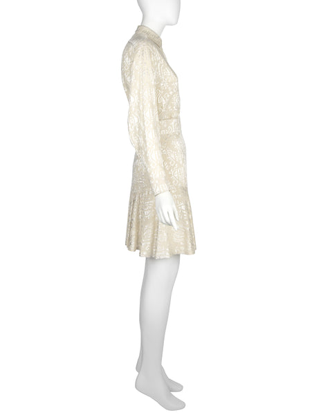 Azzedine Alaia Vintage SS 1986 Ivory Embroidered Shirt and Skirt Ensemble
