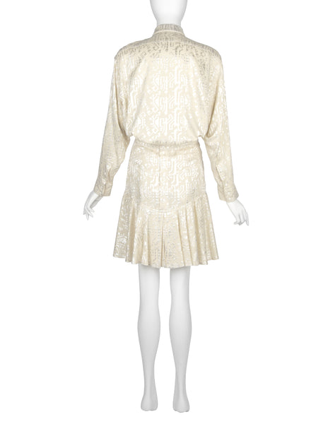 Azzedine Alaia Vintage SS 1986 Ivory Embroidered Shirt and Skirt Ensemble