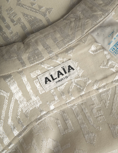 Azzedine Alaia Vintage SS 1986 Ivory Embroidered Shirt and Skirt Ensemble