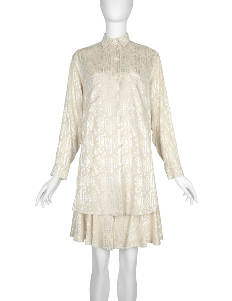 Azzedine Alaia Vintage SS 1986 Ivory Embroidered Shirt and Skirt Ensemble