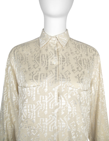 Azzedine Alaia Vintage SS 1986 Ivory Embroidered Shirt and Skirt Ensemble