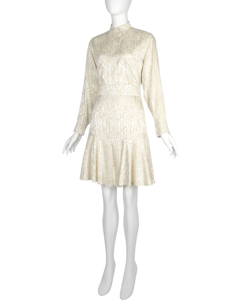 Azzedine Alaia Vintage SS 1986 Ivory Embroidered Shirt and Skirt Ensemble