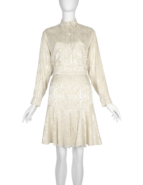 Azzedine Alaia Vintage SS 1986 Ivory Embroidered Shirt and Skirt Ensemble