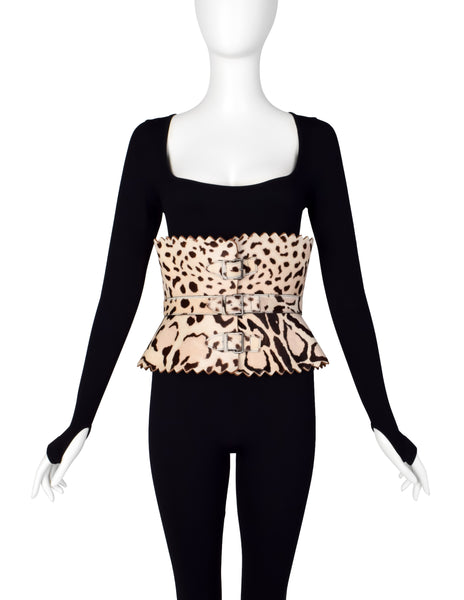 Azzedine Alaia Vintage Ultra Wide Leopard Painted Pony Hair Sculpted Belt