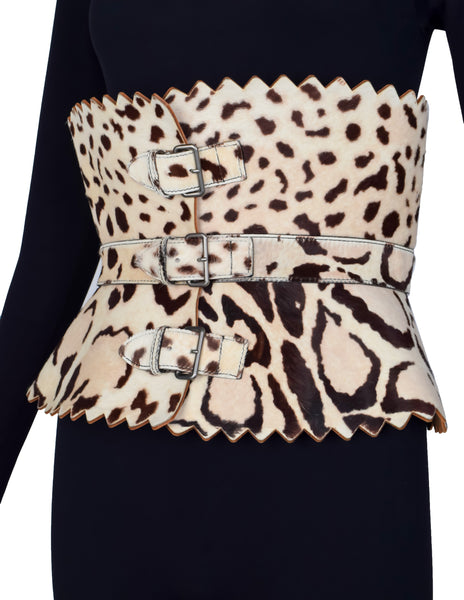 Azzedine Alaia Vintage Ultra Wide Leopard Painted Pony Hair Sculpted Belt