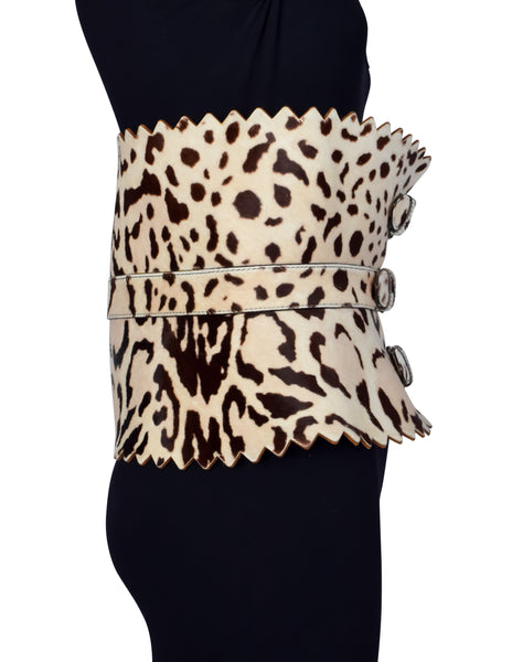 Azzedine Alaia Vintage Ultra Wide Leopard Painted Pony Hair Sculpted Belt
