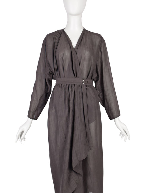Azzedine Alaia Vintage SS 1984 Slate Grey Semi-Sheer Gauze Wrap Dress   Amarcord Vintage Fashion