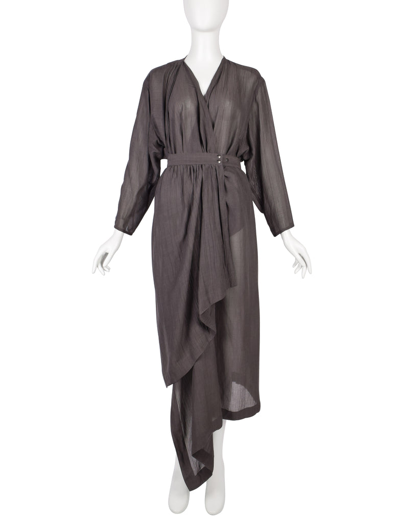 Azzedine Alaia Vintage SS 1984 Slate Grey Semi-Sheer Gauze Wrap Dress Amarcord Vintage Fashion Azzedine Alaia Vintage SS 1984 Slate Grey Semi-Sheer Gauze Wrap Dress Amarcord Vintage Fashion
