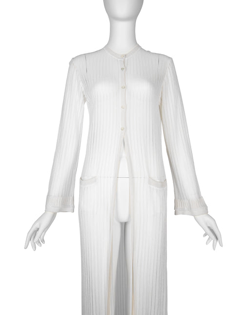 トップス Alia stripe sheer cardigan Azzedine Alaia Vintage SS 1992 Sheer White Striped Mesh Knit Maxi
