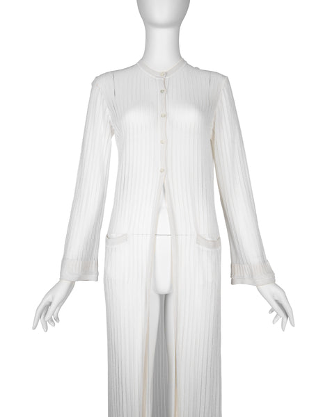 Azzedine Alaia Vintage SS 1992 Sheer White Striped Mesh Knit Maxi Duster Cardigan