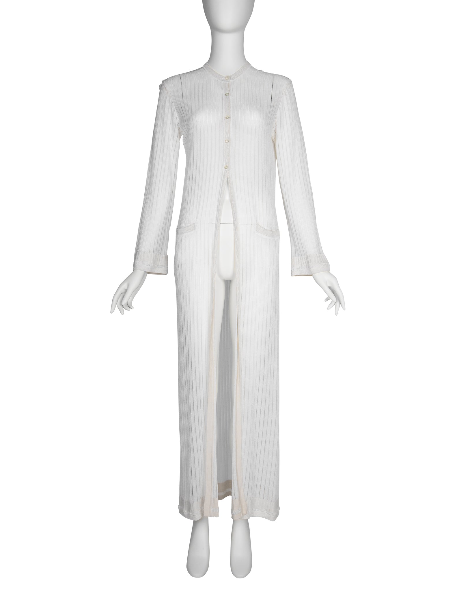 Azzedine Alaia Vintage SS 1992 Sheer White Striped Mesh Knit Maxi Duster Cardigan