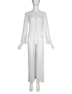 Azzedine Alaia Vintage SS 1992 Sheer White Striped Mesh Knit Maxi Duster Cardigan