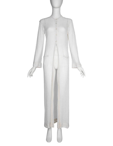 Azzedine Alaia Vintage SS 1992 Sheer White Striped Mesh Knit Maxi Duster Cardigan