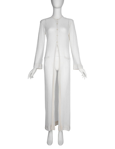 Azzedine Alaia Vintage SS 1992 Sheer White Striped Mesh Knit Maxi Duster Cardigan