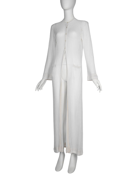 Azzedine Alaia Vintage SS 1992 Sheer White Striped Mesh Knit Maxi Duster Cardigan