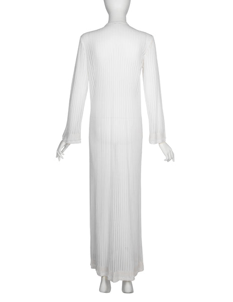 Azzedine Alaia Vintage SS 1992 Sheer White Striped Mesh Knit Maxi Duster Cardigan