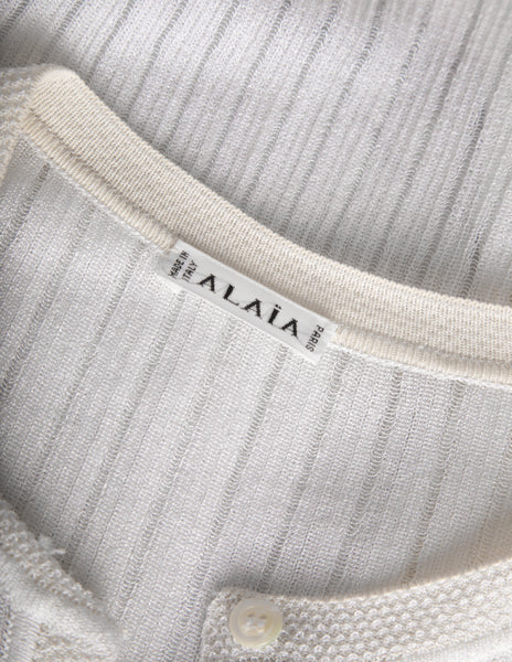 Azzedine Alaia Vintage SS 1992 Sheer White Striped Mesh Knit Maxi Duster Cardigan