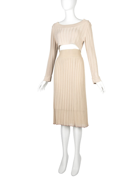 Azzedine Alaia Vintage SS 1987 Two Tone Beige Ribbed Knit Crop Top and Skirt Ensemble