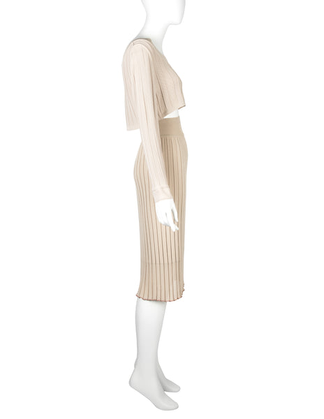 Azzedine Alaia Vintage SS 1987 Two Tone Beige Ribbed Knit Crop Top and Skirt Ensemble